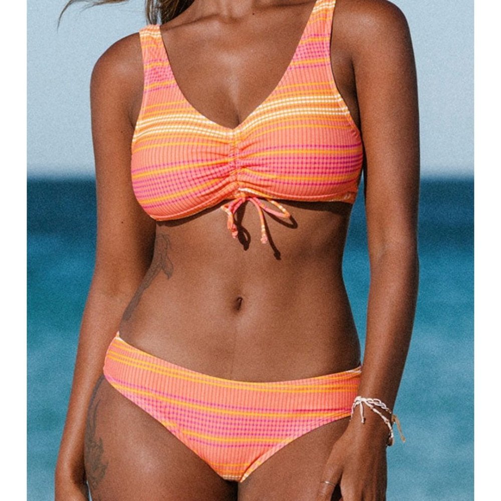 Cupshe Swimsuit Two Piece  Mercury Stripe cinch Front Midkini hipster NWT Size M